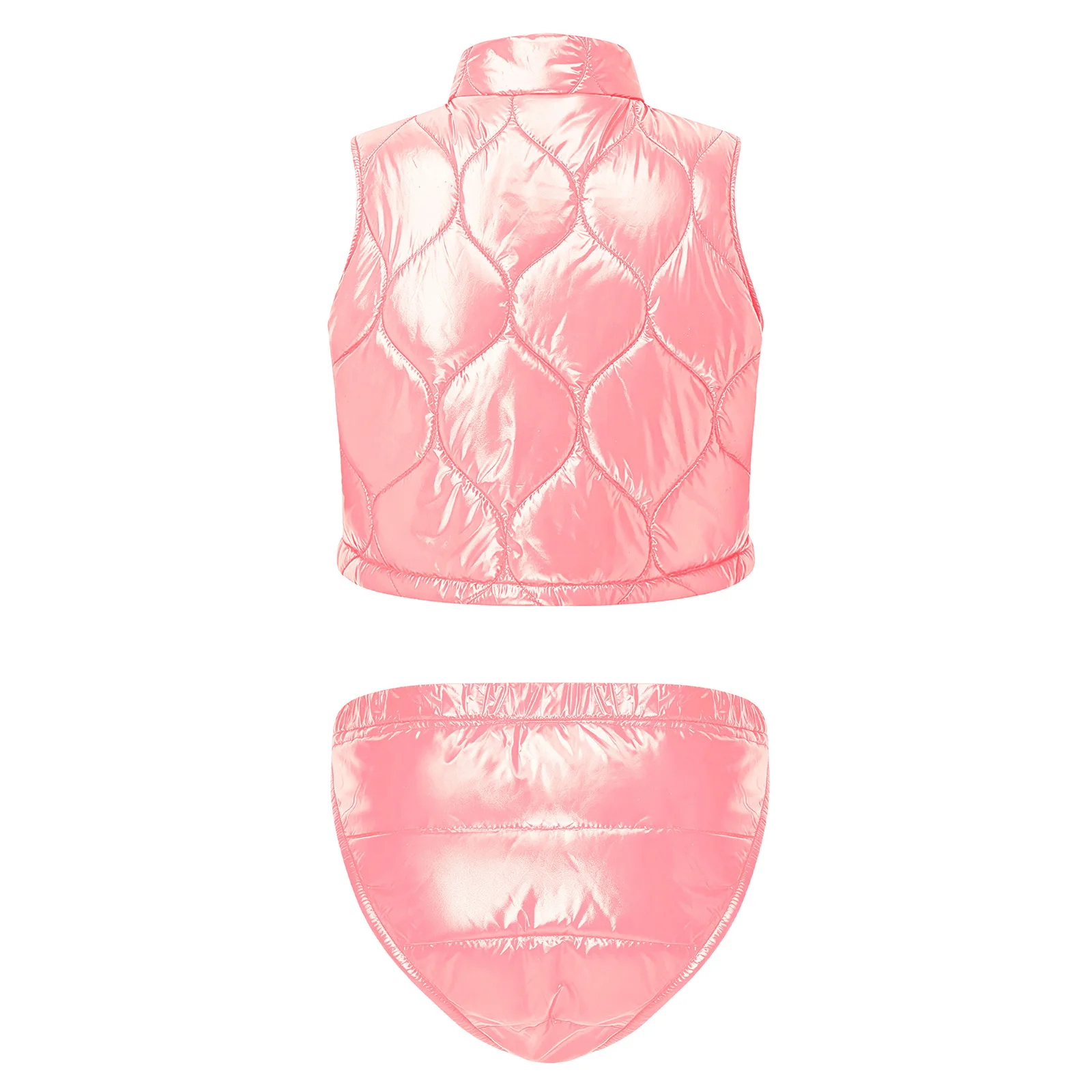 Women Quilted Puffer Padded Outfit Matching Sets Stand Collar Front Zip-up Crop Vest and Adjustable Waist Briefs Special Clothes