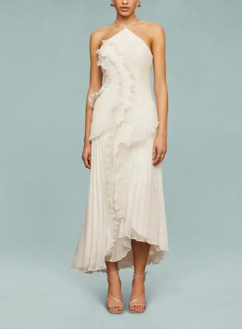 

Summer Fashion Personalized Mushroom Edge Slimming Hanging Neck Dress for Women Elegant Slimming Solid Color Ruffle Dress