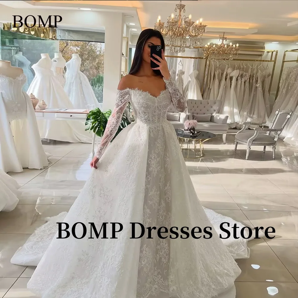 

BOMP Elegant Lace Embroidery Wedding Dresses Sweep Train Sequin Bridal Gowns Vestidos de noiva Modern Customized