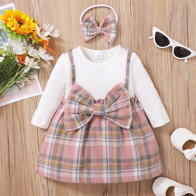 hibobi Baby Girl Plaid Print Bowknot Decor Dress & Headband Bow Tie Pink White  Strap Infant Newborn Onepiece Kids Fashion