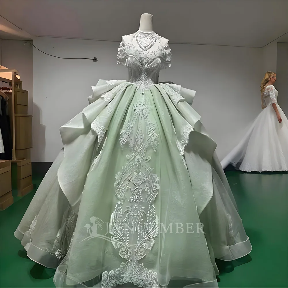 

Modest High Collar Bridal Dress Sparkly Sequins Church Wedding Dresses Short Sleeves Ball Gown Bride Customized свадебно