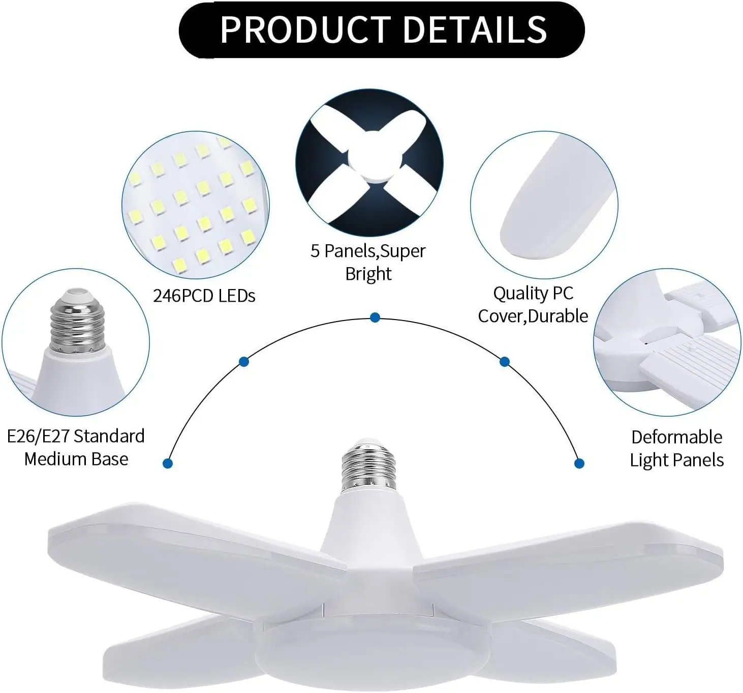 LED Garage Light 60W Shop Lamp 4 Adjustable Panels E27 Screw in Bulb Daylight Deformable Lighting Fixture for Basement Warehouse