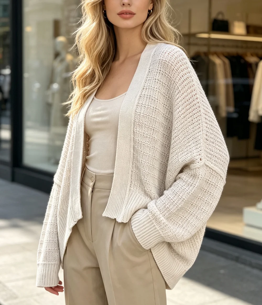 2026 Women Autumn Winter Solid Waffle Knit Cardigan, Batwing Long Sleeve Open Front Loose Casual Sweater Outerwear