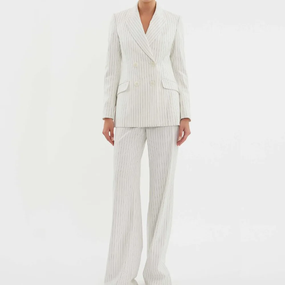 

Summer White Striped Women Suit Double Breasted 2 Piece Jacket Pants Blazer Set Elegant Smart Formal Office lady Female Clothing