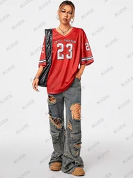 2025 Summer New Enjoy Freedom 23 Print T-Shirt For Women V-Neck Short Sleeve Sports Football Jersey Y2K Loose Oversized Tops