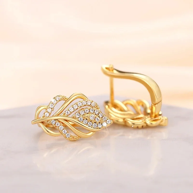 Huitan Leaf Shaped Hoop Earrings Gold Color Cubic Zircon Brilliant Earrings for Women Temperament Elegant Bridal Wedding Jewelry