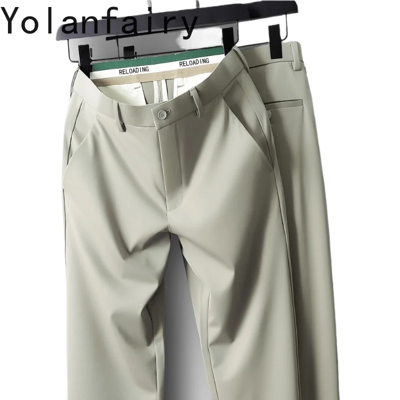 YOLANFAIRY 80% Mulberry Silk Men Trousers Pantalon Homme Summer Casual Pants Men's Clothing Straight Pants Pantalonese De Hombre