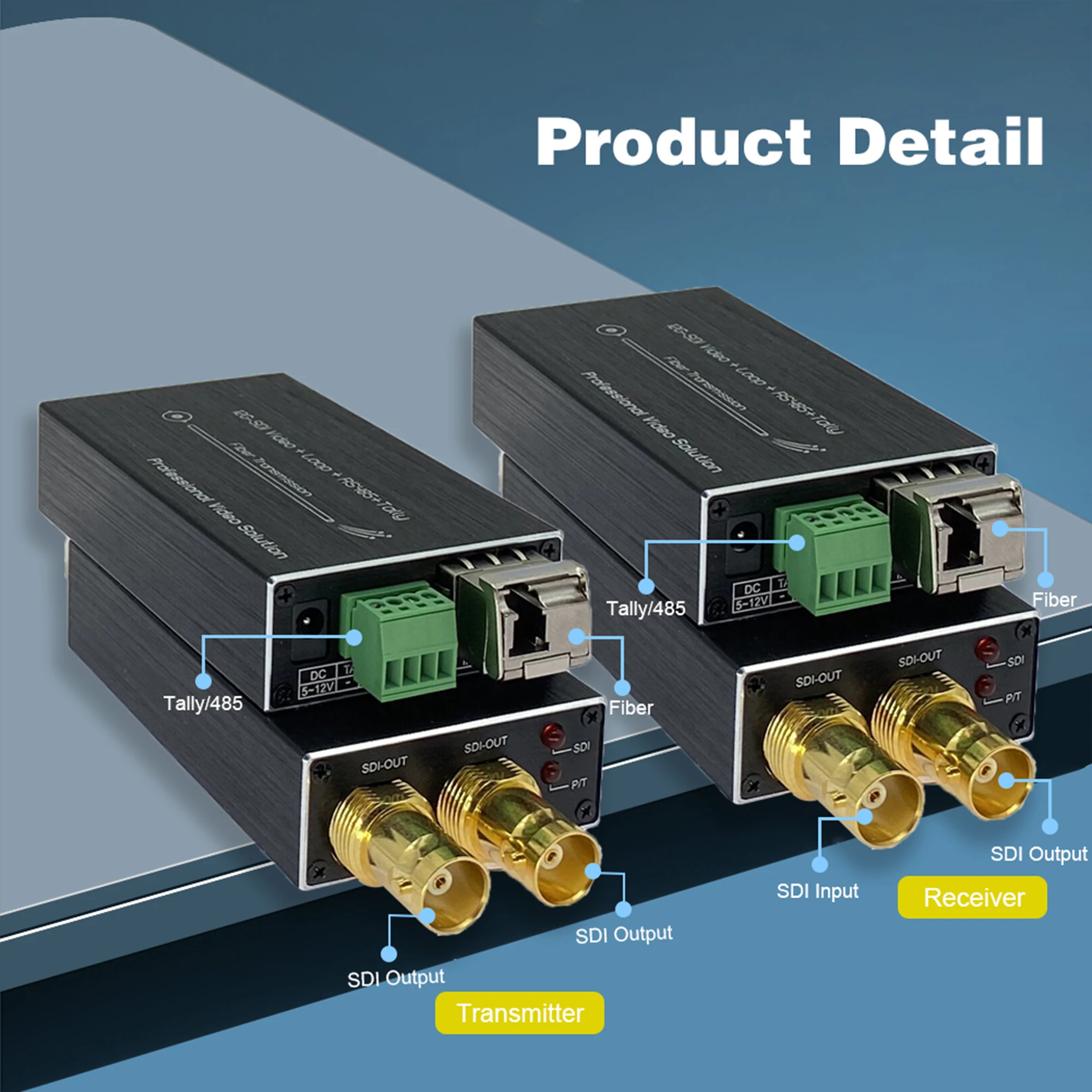 Mini 12G SDI over Fiber Converter, up to 20km over single mode fiber, with RS485, Tally, Loop Output