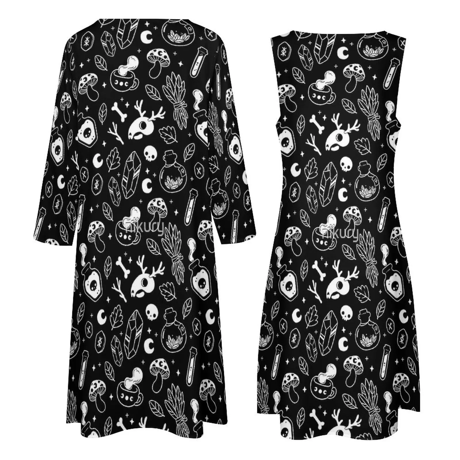 Witchy Ingrediënten Zwart-wit Nikury Jurk Halloween Elegante Maxi Jurk Streetwear Boho Strand Lange Jurken Lente Vestidos