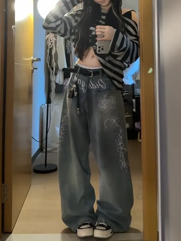 Amerykańskie modne jeansy hip-hopowe Joker oversize damskie streetwear Y2K nowa wyprzedaż okazja hit szerokie nogawki unisex luźne jeansy