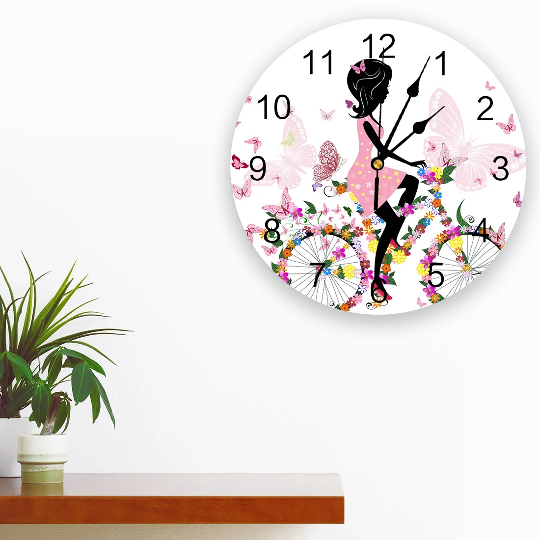 Woman Butterfly Bike Clock Living Room Home Decor Large Round Wall Clock Mute Quartz Table Clock Bedroom Decoration Wall Watch