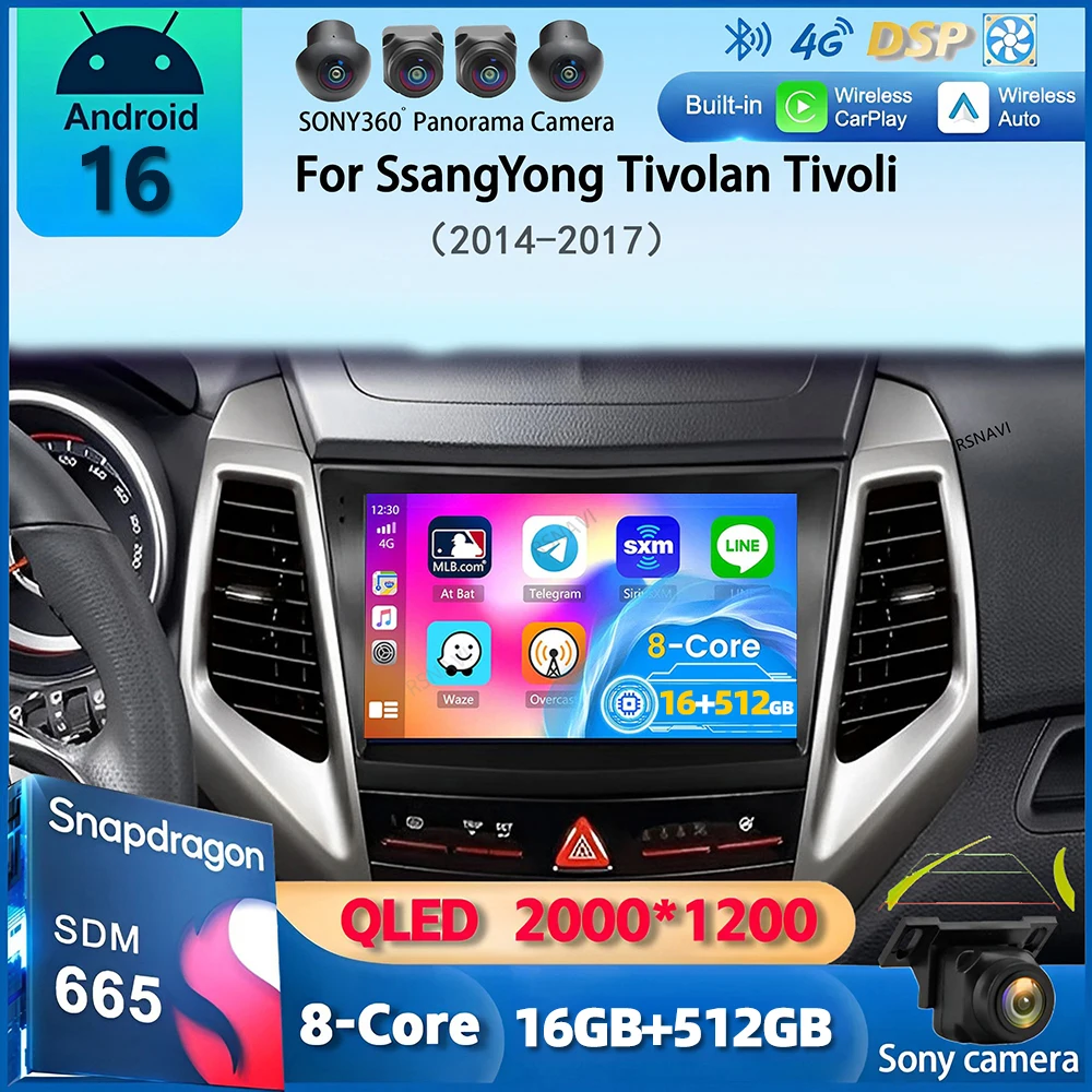 Rádio de Carro Android 16 WIFI+4G Carplay para SsangYong Tivolan Tivoli 2014-2017, Navegação GPS, Reprodutor de Vídeo Multimídia 2din