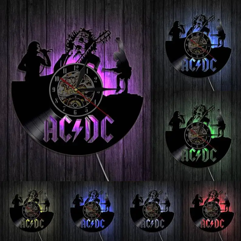 Creative Pop Artists AC DC Band Vinyl Record Wall Clock Creative Retro 16 Colors LED Clocks Home Living Bed Room Decoration