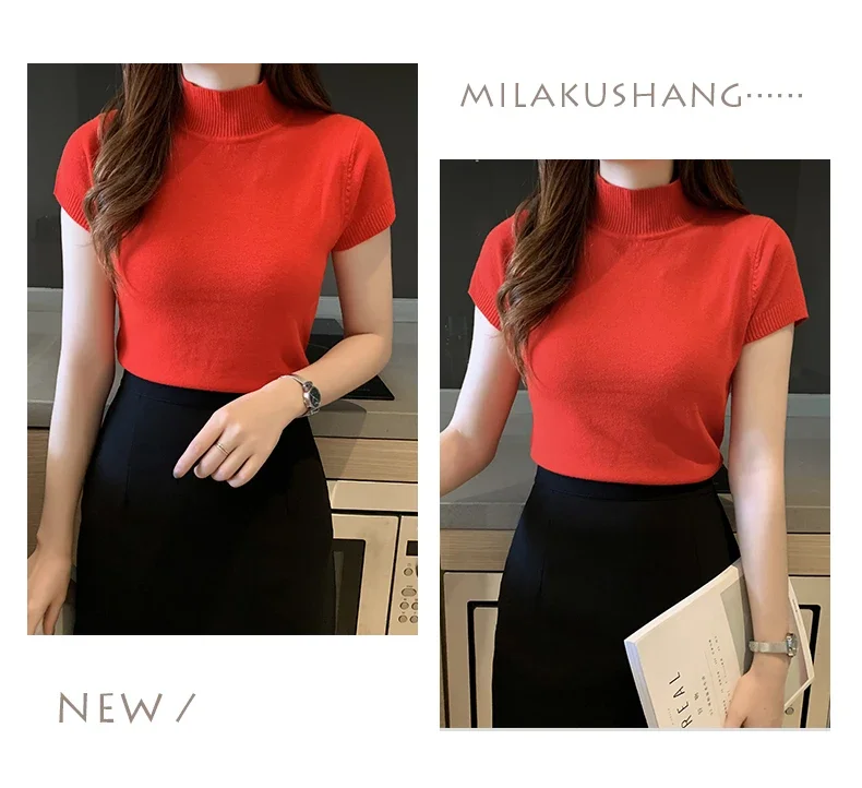 Halbhohes T-Shirt für Damen, modischer Pullover, lässige Oberteile, koreanischer Stil, elegante einfarbige Kleidung, Frühlings- und Sommersaison – Detail 19