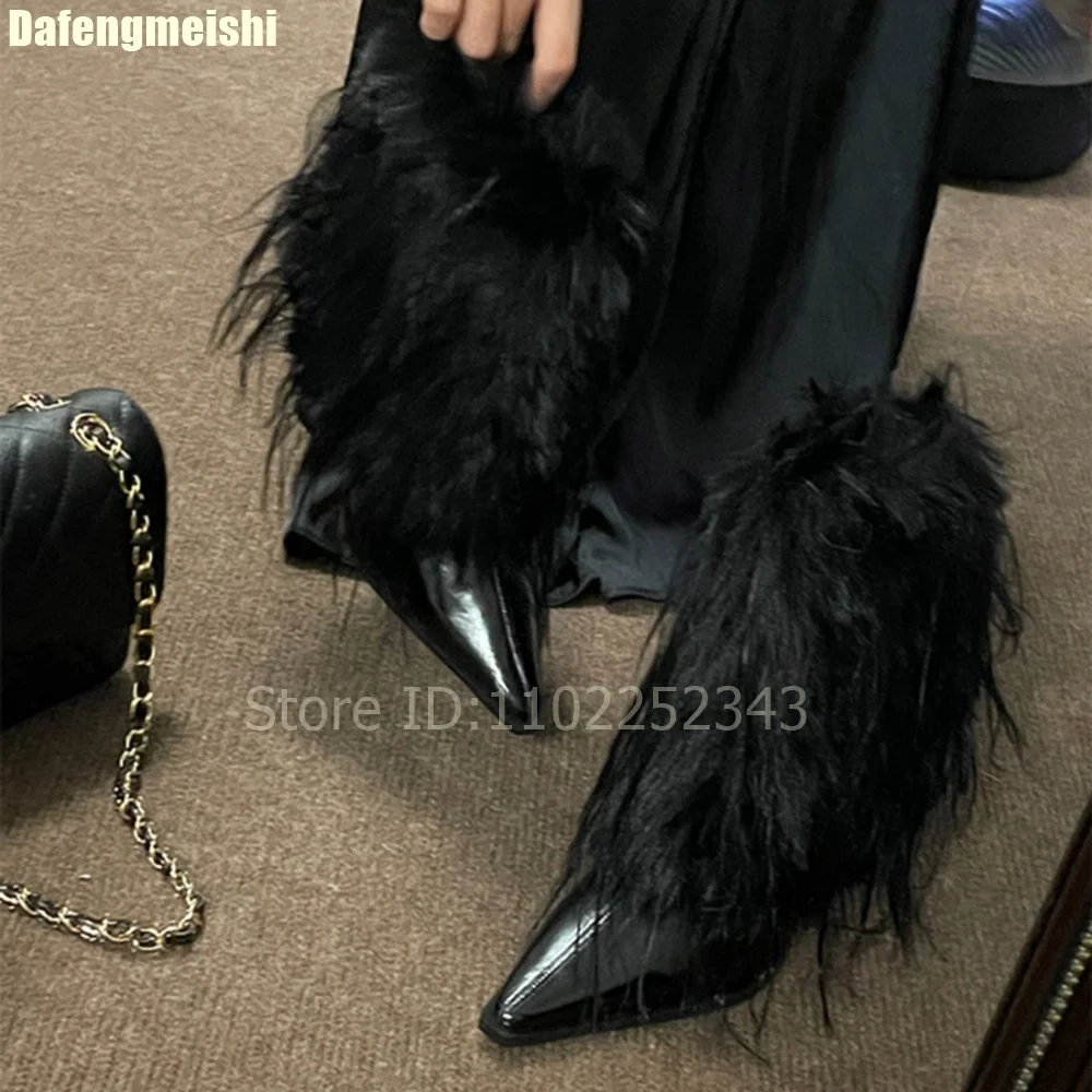 

Women's Winter Fashion Fur Boots Pointed Toe Thin Heel Mid-Calf Boots 2025 New Patent Leather Plush for Warmth Sexy Boots