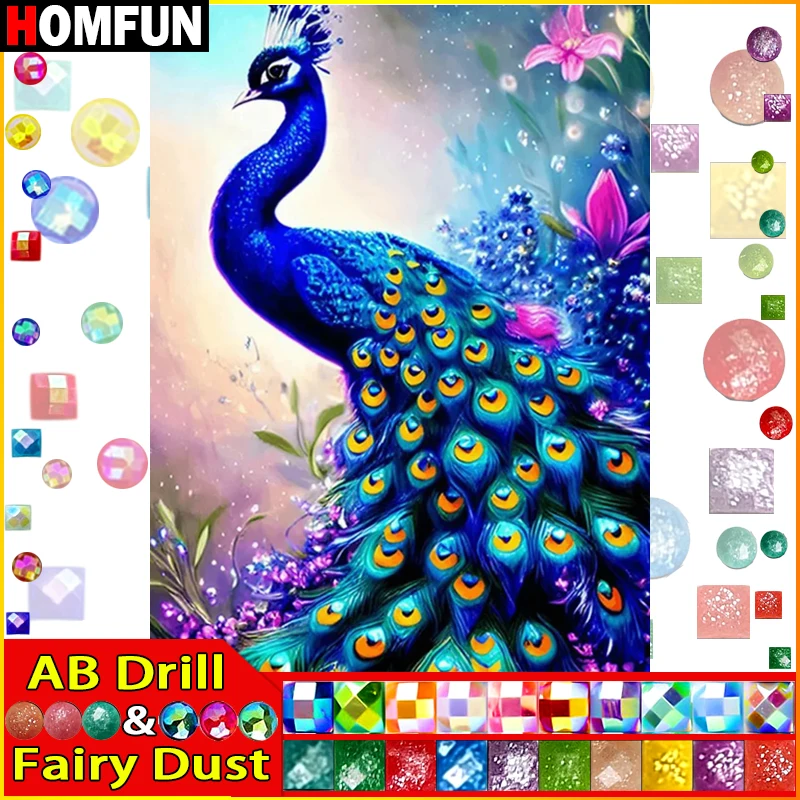 

HOMFUN Fairy Dust AB Diamond painting "Animal Peacock" Full Square/Round Drill Wall Decor Inlaid Resin Embroidery Craft