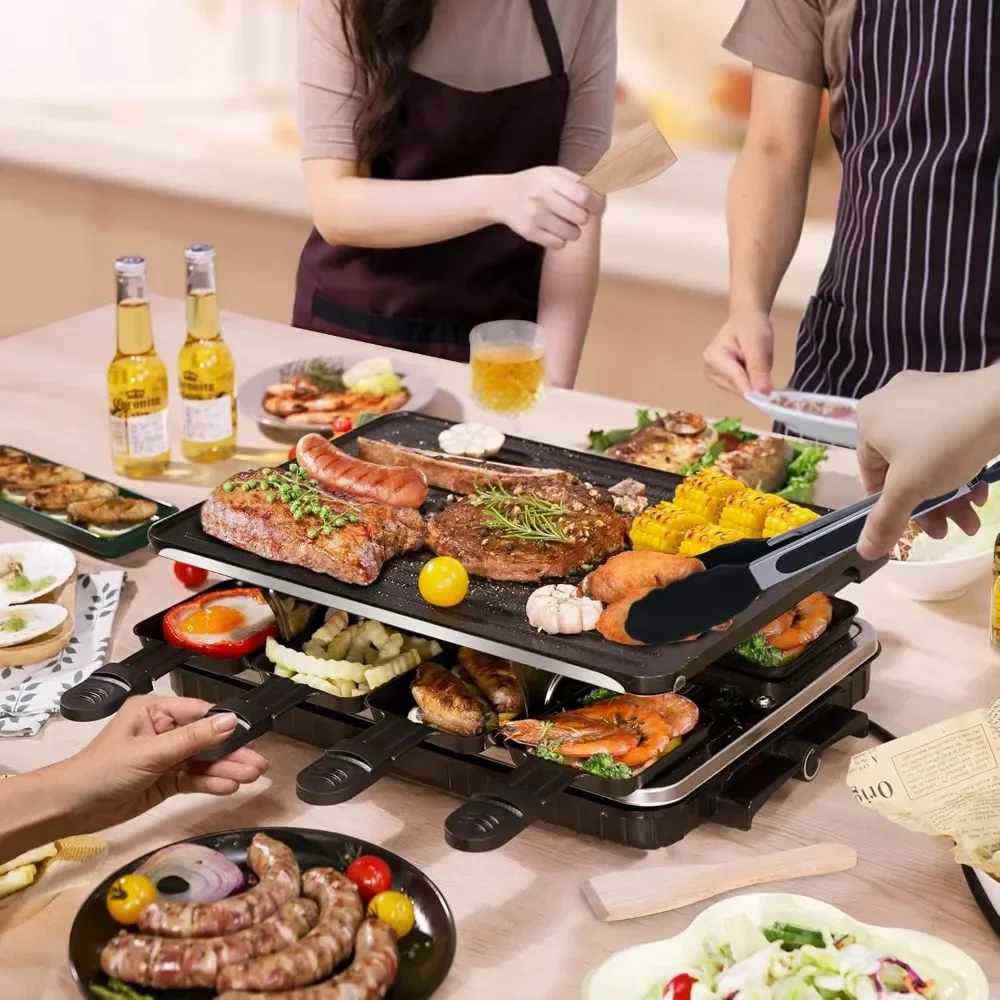 

l Electric Griddles, 2 In 1 Electric Griddle With 8 Raclette Cheese Pans 1 Tong Adjustable Temperature, Electric Griddles