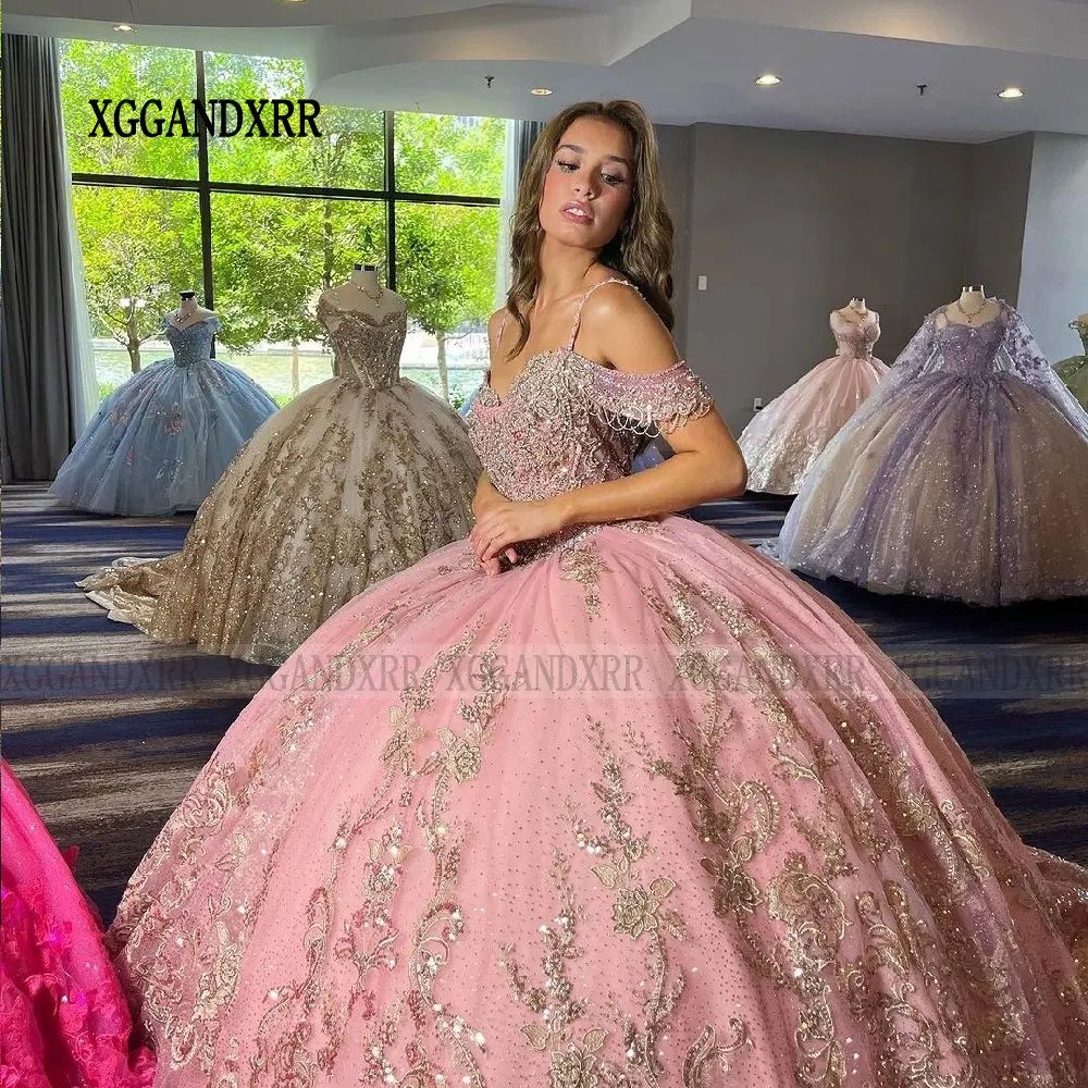 Vestido de baile rosa fora do ombro com aplique de renda, vestidos de festa, senhorita gala, quinceanera de luxo, 15 anos, 2024