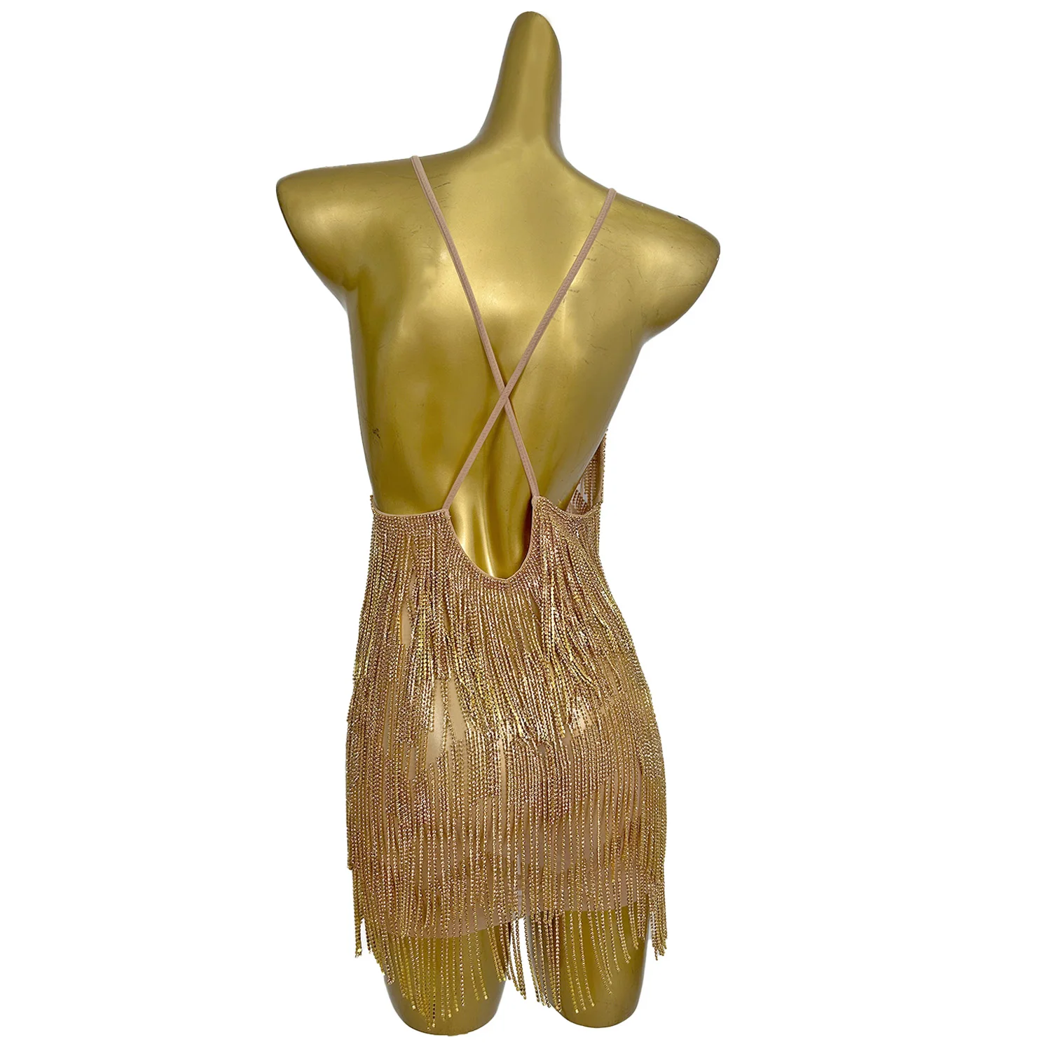 Robe Camisole à franges dorées scintillantes, Sexy, dos nu, robe de spectacle de danse latine, boîte de nuit, robe de soirée de vacances, tiaoyuanxiao