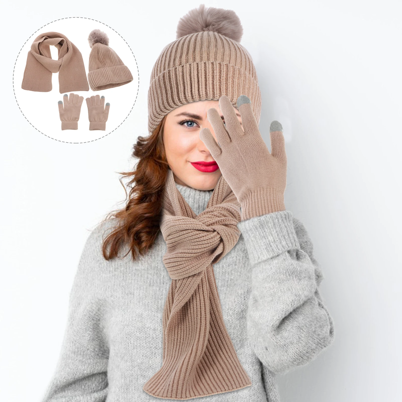 

1 Set Winter Gloves Hat Scarf Women Warm Touchscreen Beanie Scarf Set For Riding Outdoor Soft Skin-Friendly Long-Lasting Warmth