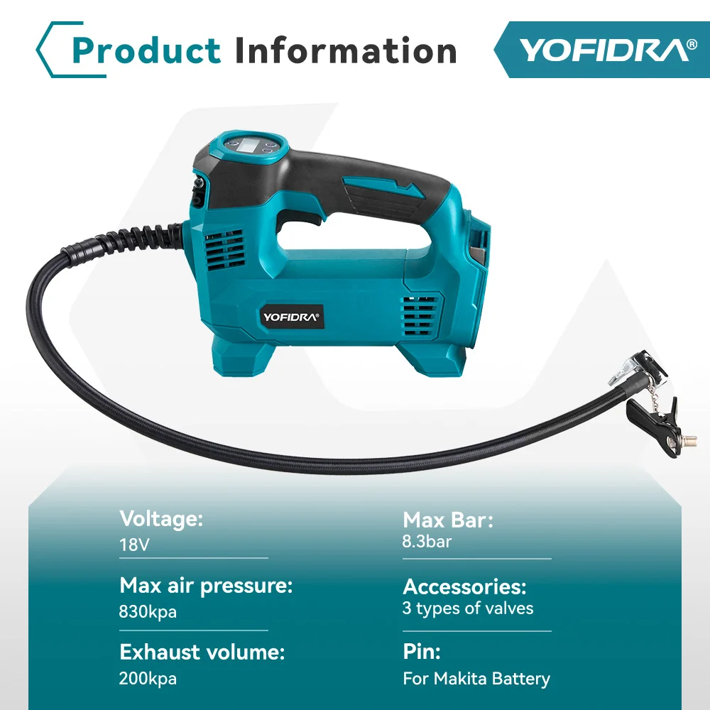 YOFIDRA 830Kpa Cordless Electric Air Pump Motorcycle Ball Car Pneumatic Power Tool With LED Display For Makita 18V Battery Pin