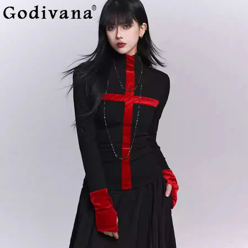 Autumn Winter Fashion Gothic Black Semi-turtleneck Bottoming Top Punk Subculture Slim Versatile Age-reducing Long Sleeve Tops