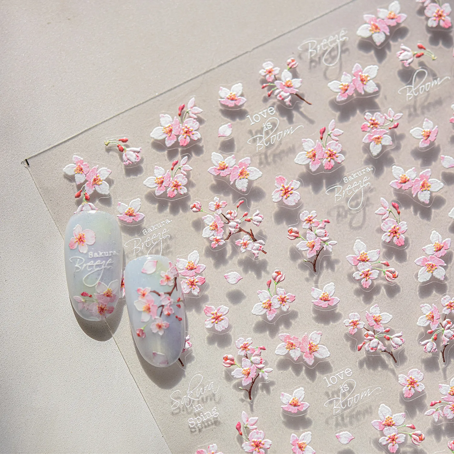 Cherry Flowers Blossoming Sakura Living Peach Branch Spring Petal 5D Nail Art Sticker Soft Relief Adhesive Chic Manicure Decals