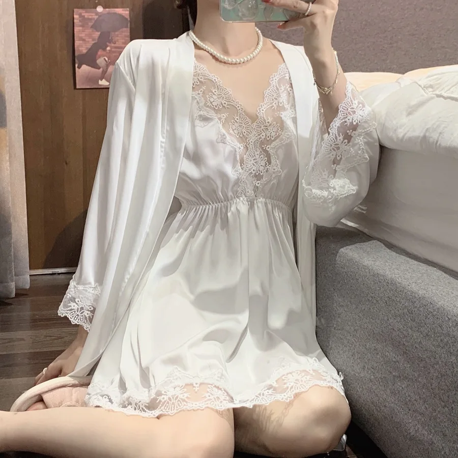 White Twinset Robe Set Princess Style Homedress Big Lace Edge Nightdress Sexy V-Neck Strappy Sleepwear Bathrobe Loose Kimono