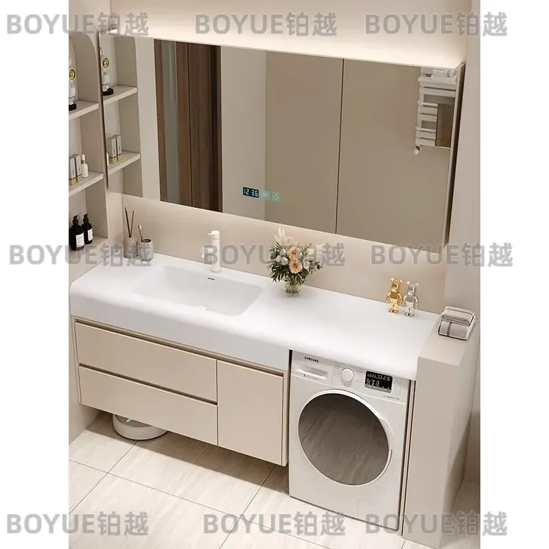for Washing Machine Wash Basin Integrated Cabinet Rock Slab Hot Bending Ceramic Seamless Integrated Basin Bathroom Cabinet
