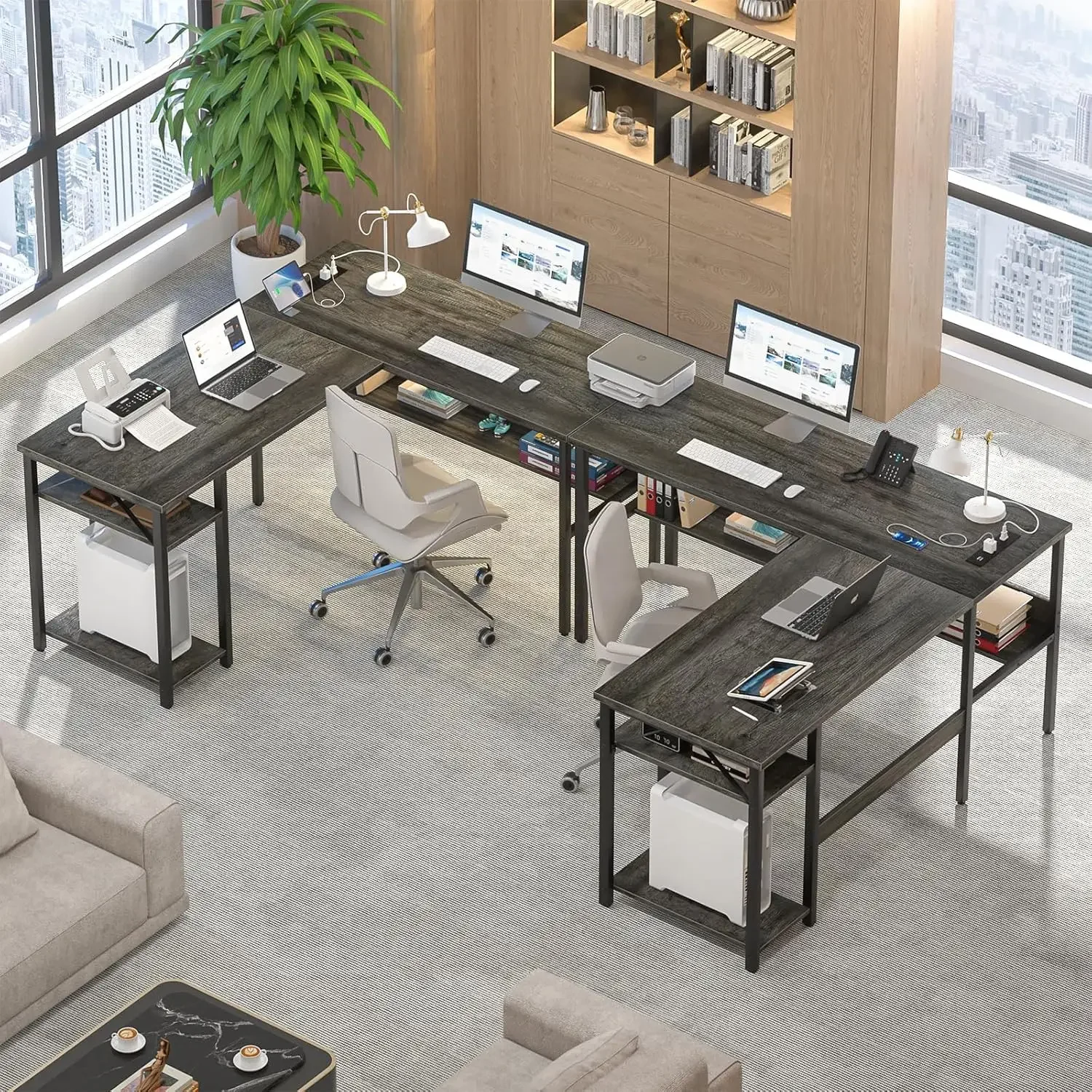 

Reversible L Shaped Gaming Desk with Power Outlets and USB Charging Ports, Sturdy Computer Desk with Storage Shelf