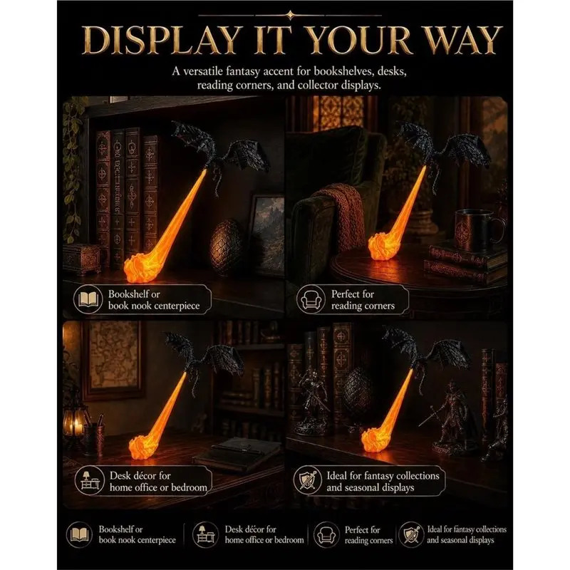 YANA50I Fire-Breathing Dragon Bookshelf Nook Light, 3D Printed Fantasy Shelf Decor Flying Design For Halloween Display