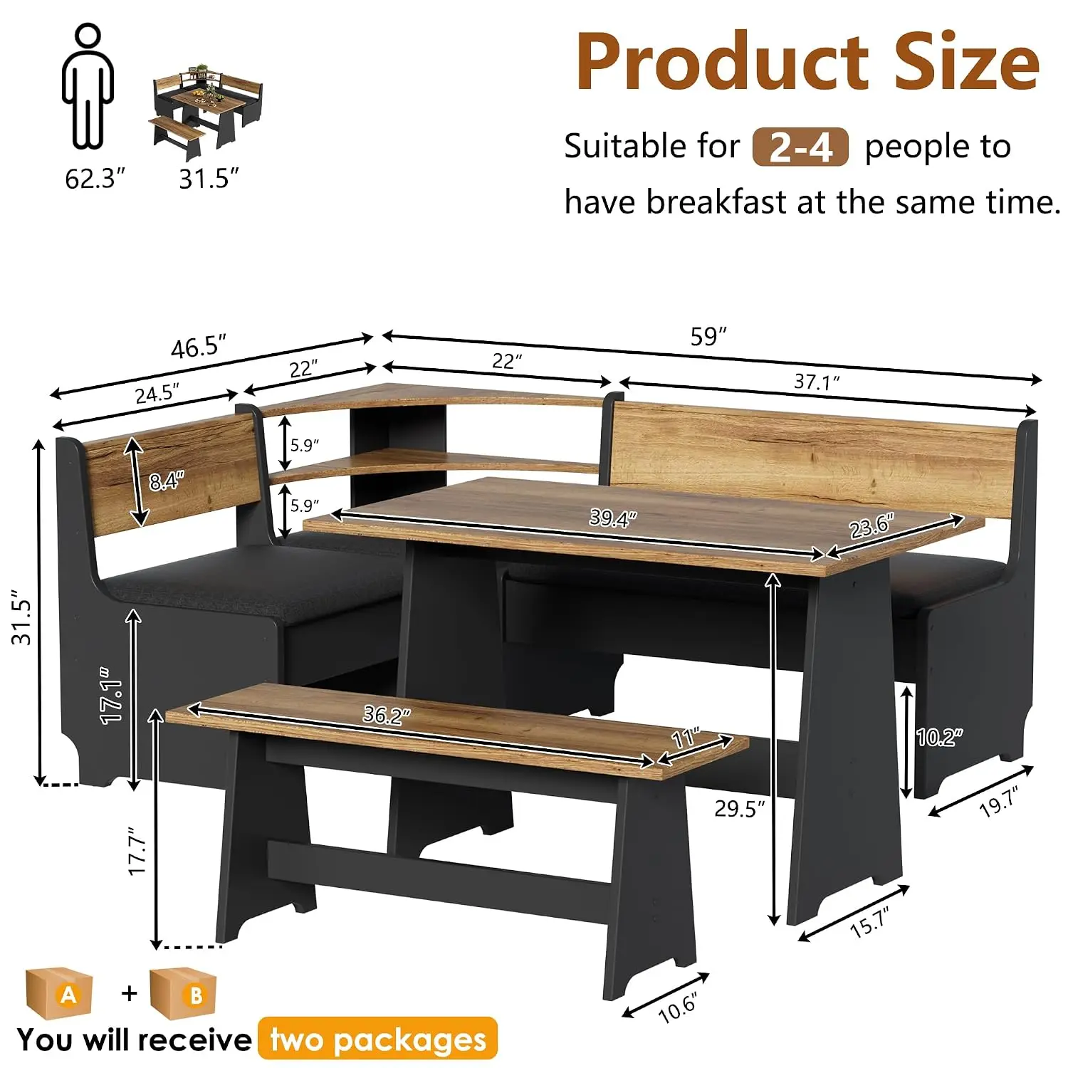 L-Shape Kitchen Dining Table Set with Storage Bench & Cushion, Farmhouse Wood Breakfast Nook for Corner, Black, Customized