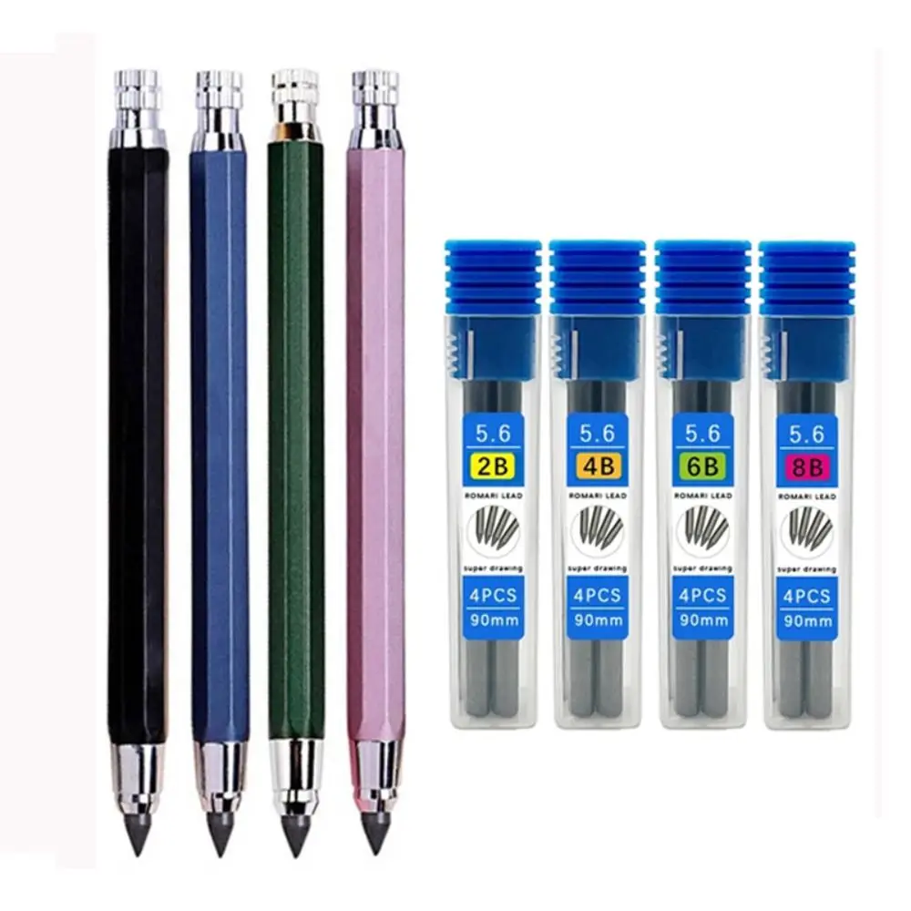 Stylo mécanique en métal, recharge de crayon, peinture d'art, outil d'écriture, croquis, conception de bandes dessinées, automatique, papeterie, 2B, 4B, 6B, 8B, 5.6mm