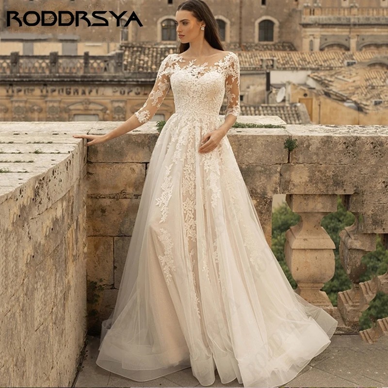 

RODDRSYA 3/4 Sleeve Wedding Dress for Woman Romantic Tulle Scoop-Neck Bridal Gown Simple A-line Illusion Button Back Bride Party