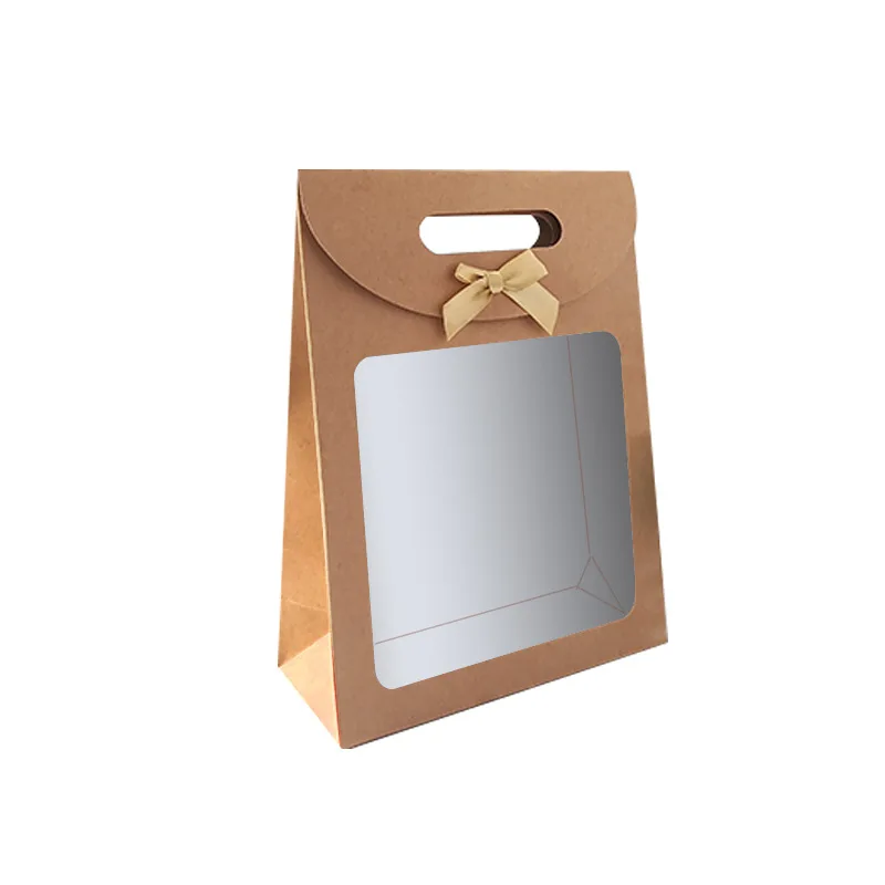 12/24/48pcs Kraft Paper Flip Open Window Tote Bag with Ribbon Bow Wedding Birthday Party Gift Packaging Handbag Cookie Candy Bag