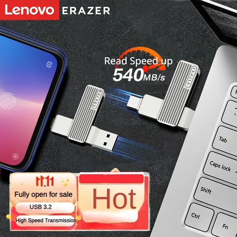 Lenovo-Dual Interface USB Flash Drive, Potência 512GB, Tipo-C, USB3.2, F500 Pro, Velocidade de leitura prata, 540 Mbps, Celular, Computador