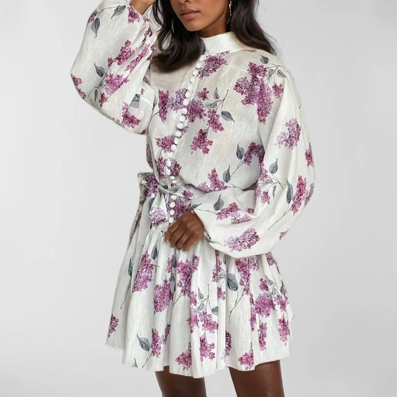

Fashion Vintage Printed Lace-Up Mini Dress Ruffled Pleated Long Sleeve High Street Spring Summer 2026 New Women's Short Dresses