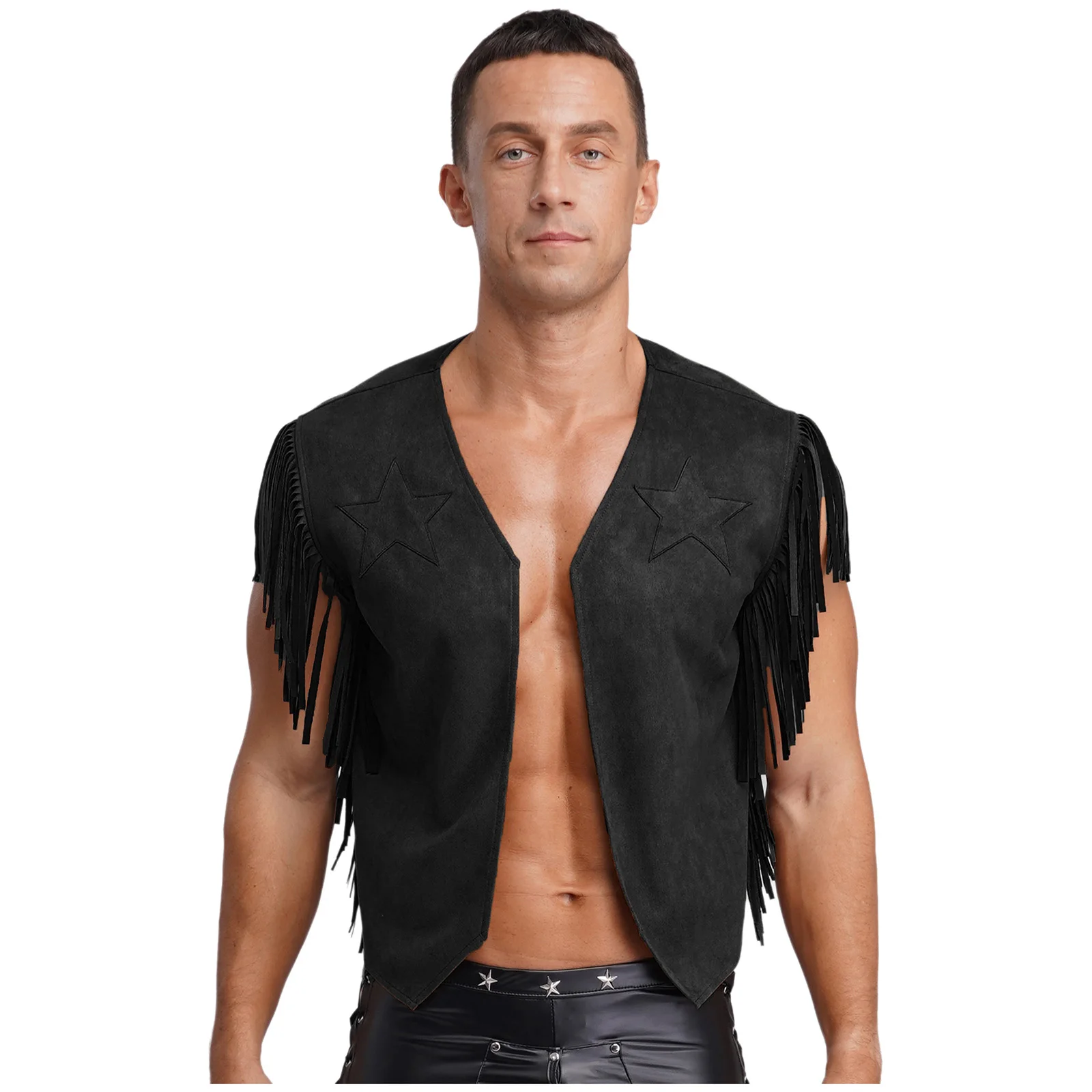 

Men Vintage Western Cowboy Cosplay Tassel Vests Halloween Carnival Sleeveless Tassel Faux Suede Vest for Cowboy Hippies Outfits