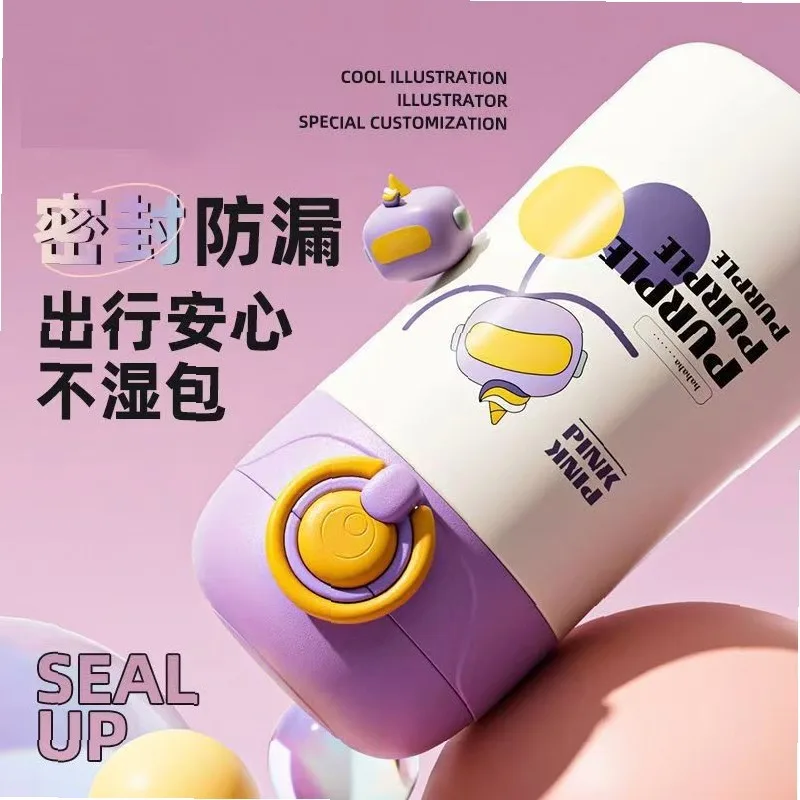 High looks quotient Cute Cartoon Kids Water Bottle Portable Mini Thermos Cup 316Stainless Steel Flip Straw Cup for School Travel view 2