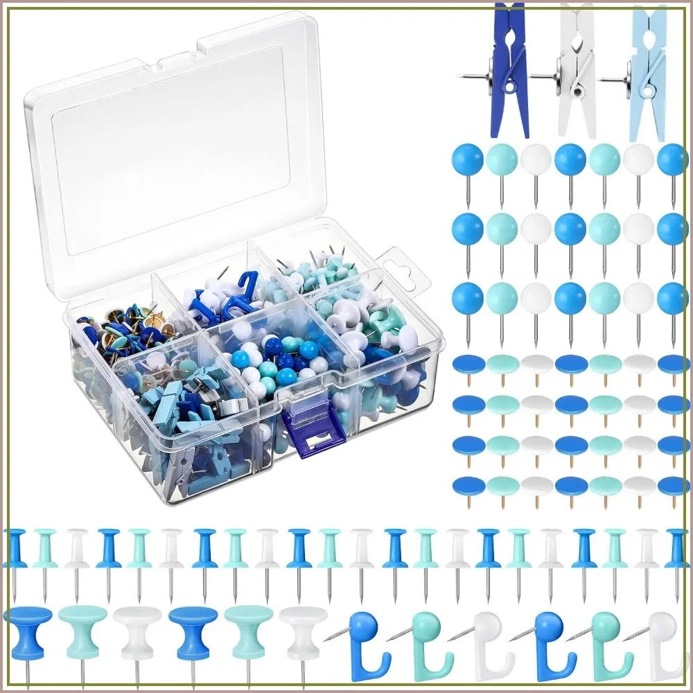 600 Pcs Decorative Push Pins, White Blue Thumb Tacks, 6 Types Cute Clips for Bulletin Board, Wall, Cork Board, Classroom Decor, Teacher Must Haves, School Crafts