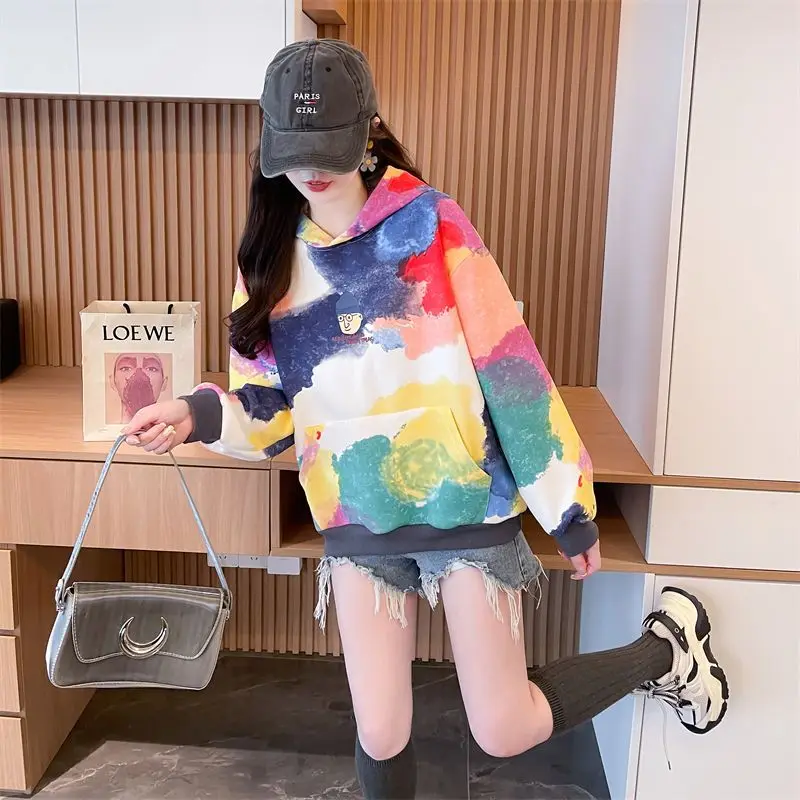 Womens Hoodies Rainbow Striped Long-sleeved T-shirt Spring Autumn New Loose Thin Casual Oversized Hooded Sweatshirt Women Tops