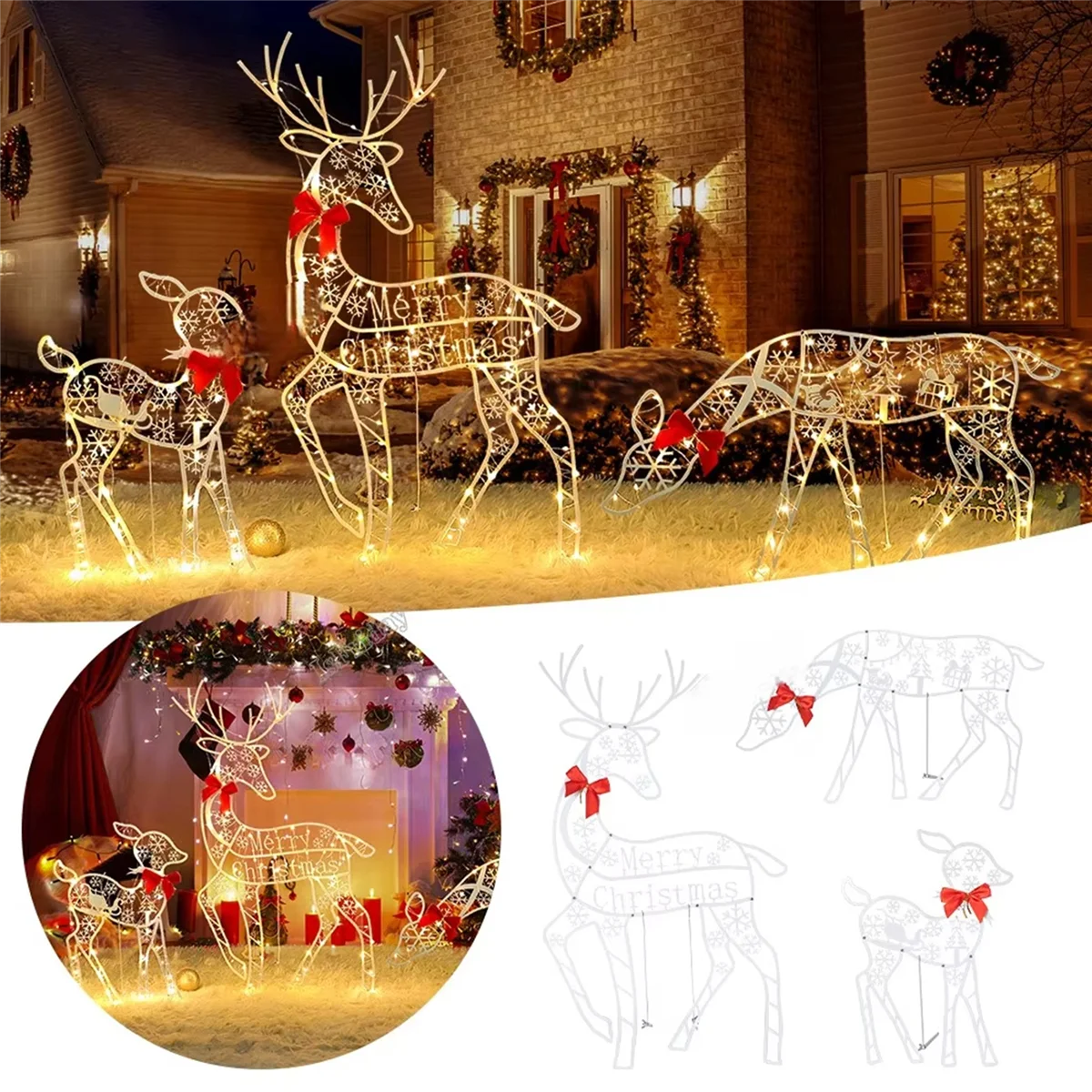 A06RP 3PCS Handmade Iron ArtElk Deer Christmas Garden Decor &LED Light Glowing Glitter Reindeer Xmas Home Outdoor Yard Decor