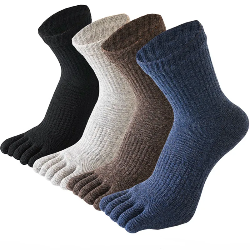 

2 пары термоносков из мериносовой шерсти с 5 пальцами для мужчин и женщин, осенне-зимние повседневные однотонные спортивные толстые теплые носки средней длины с разделенным носком