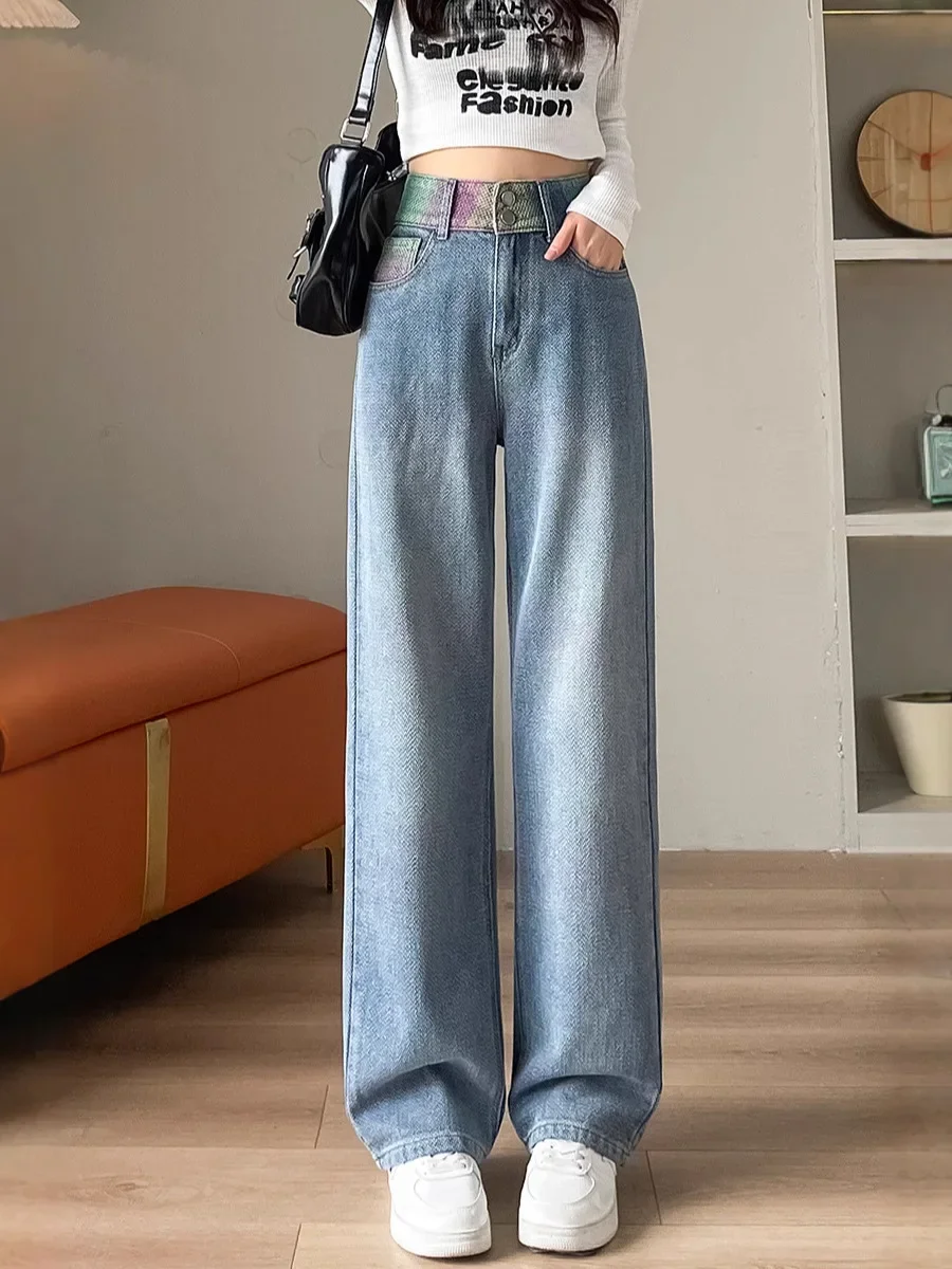 

Уличные модные джинсовые прямые брюки цвета заклинания, новые женские весенне-летние мешковатые лоскутные широкие джинсы с высокой талией