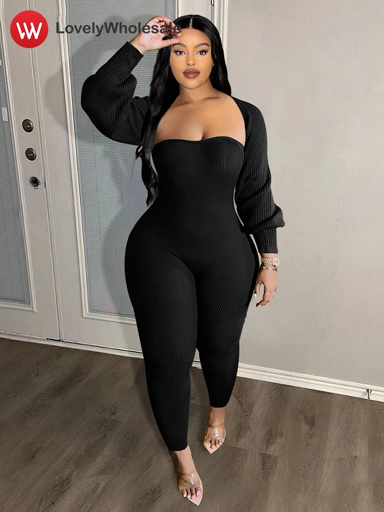 

LW Plus Size Pants Set Women Clothing Autumn Winter Knitted Jumpsuit Long Sleeve Cropped Outwear Tops 2024 New in Matching Sets