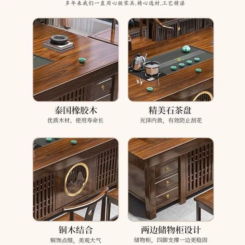 Solid wood large board storage tea table table and chair combination home office Chinese tea living