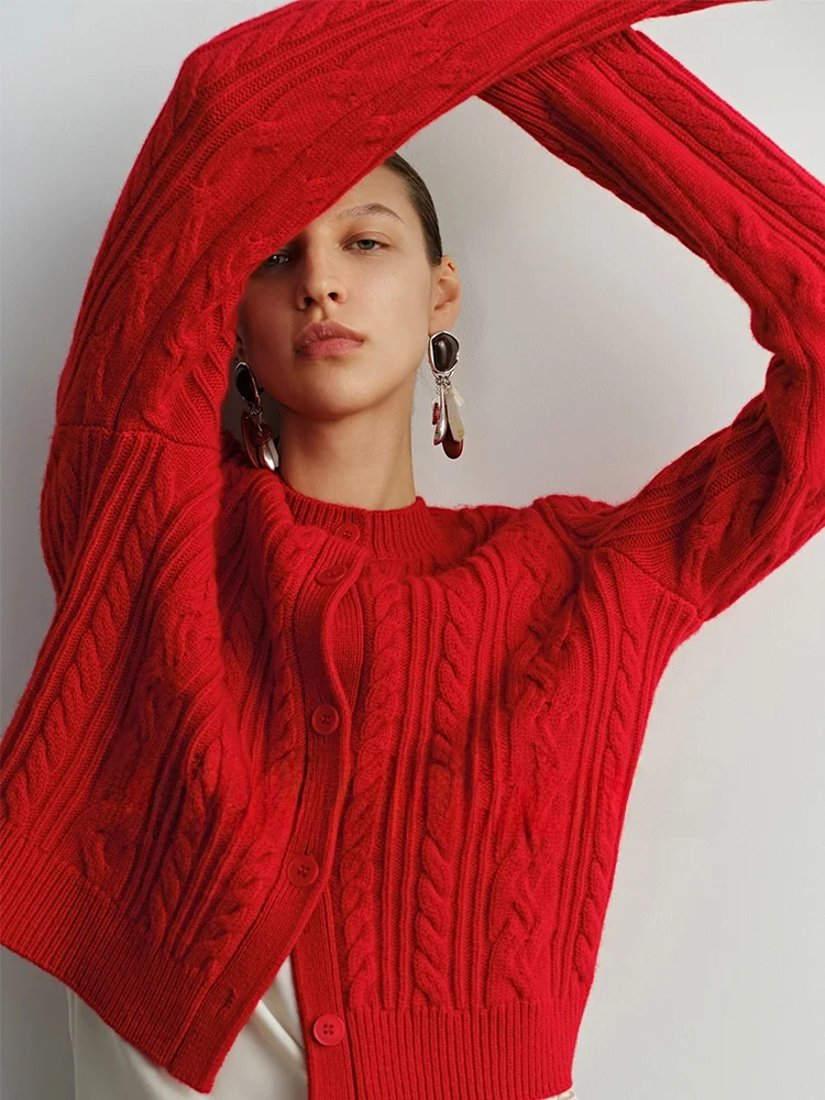 

Классический вязаный свитер из чистой шерсти RoseLingLing, осенне-зимний кардиган с цветочным узором, теплый, утолщенный, укороченный