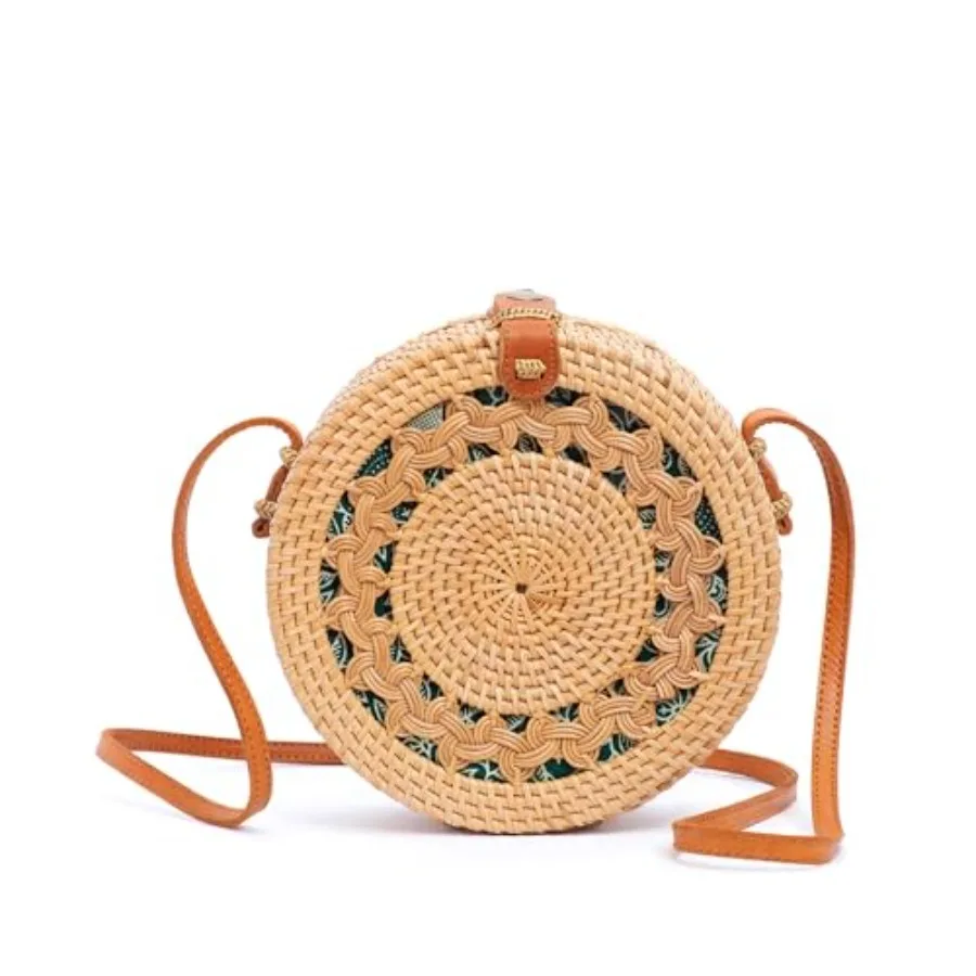 

Novum Crafts Round Rattan Bag for Women - Handmade Straw Bags - Wicker Purse - Brown Circle Crossbody Boho Bags