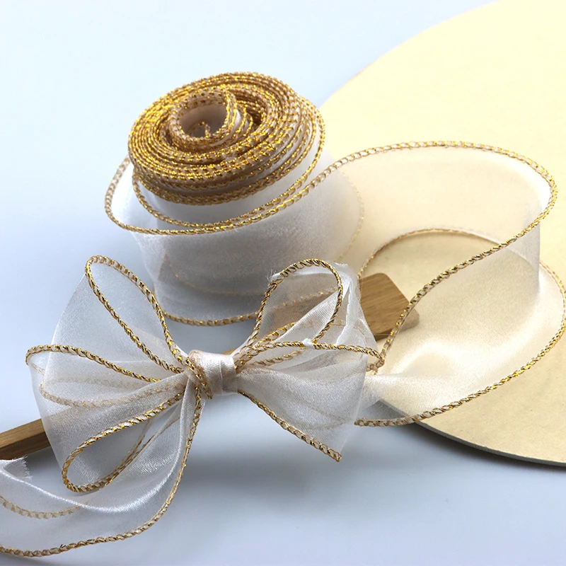 

40mm Gold Rim Wavy Silk Organza Ribbon Bow Material Hair Decoration Wedding Holiday Gift Wrap Ribbon