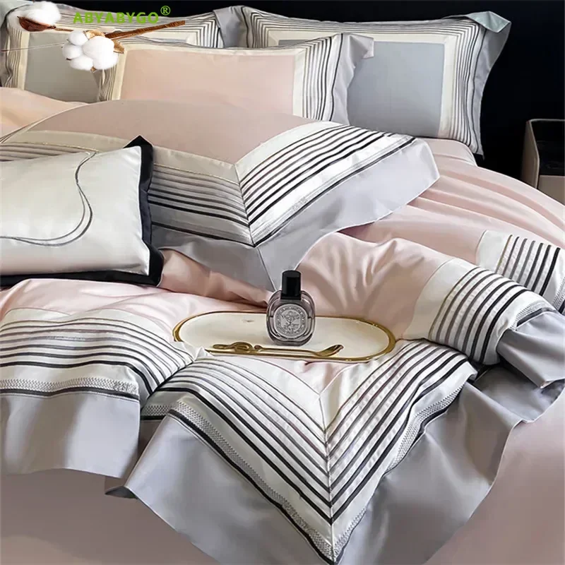 Luxury Embroidery Bedding Set 100% Egyptian Cotton Solid Color Simple Hotel Style Duvet Cover Flat Fitted Bed Sheet Pillowcases